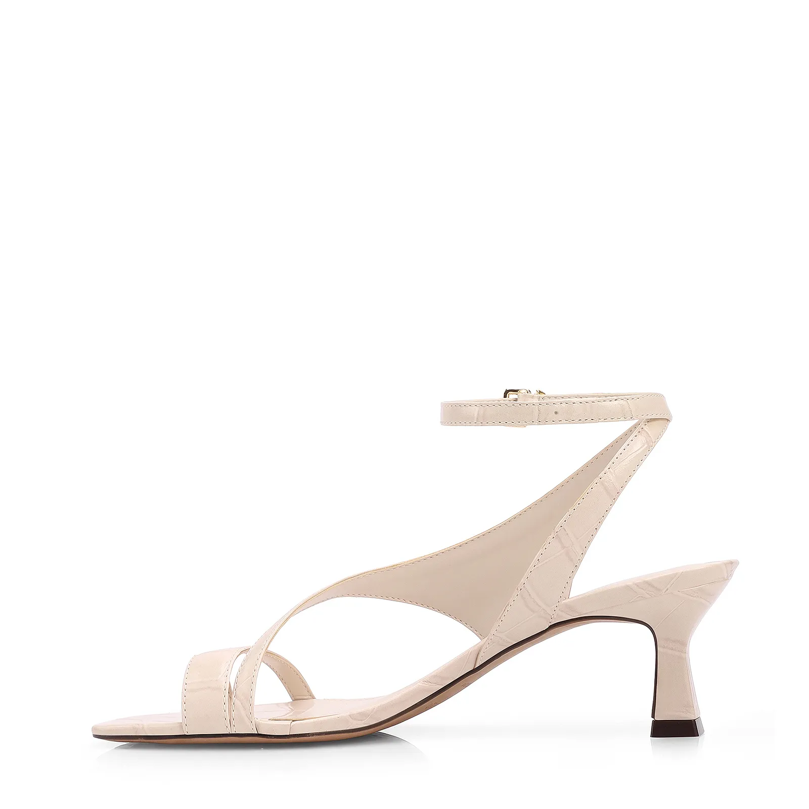Sandalia Off White Salto Fino Baixo Couro Croco Tira Tornozelo