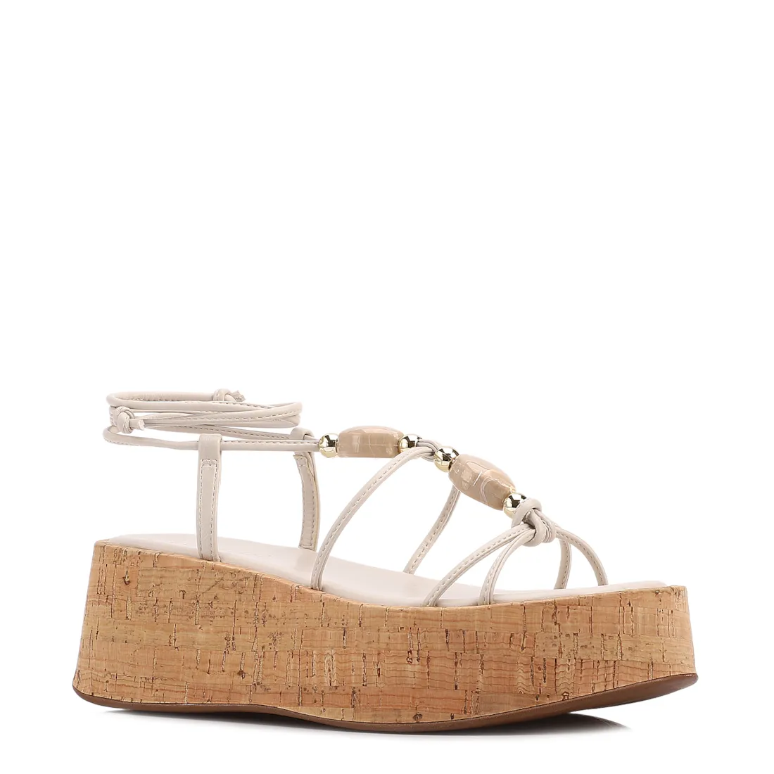 Sandália Off White Salto Plataforma Médio Alt Pedras Amarração