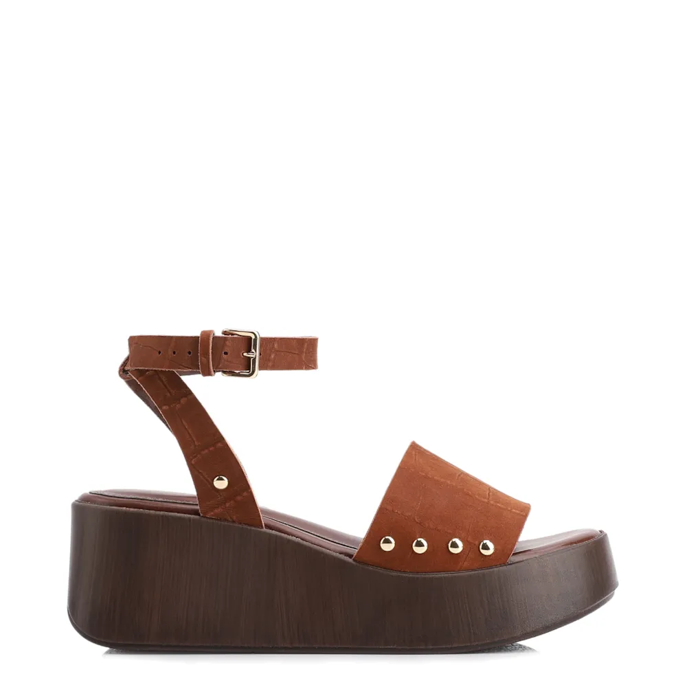 Sandália Plataforma Couro Nobuck Croco Marrom - imagem 3