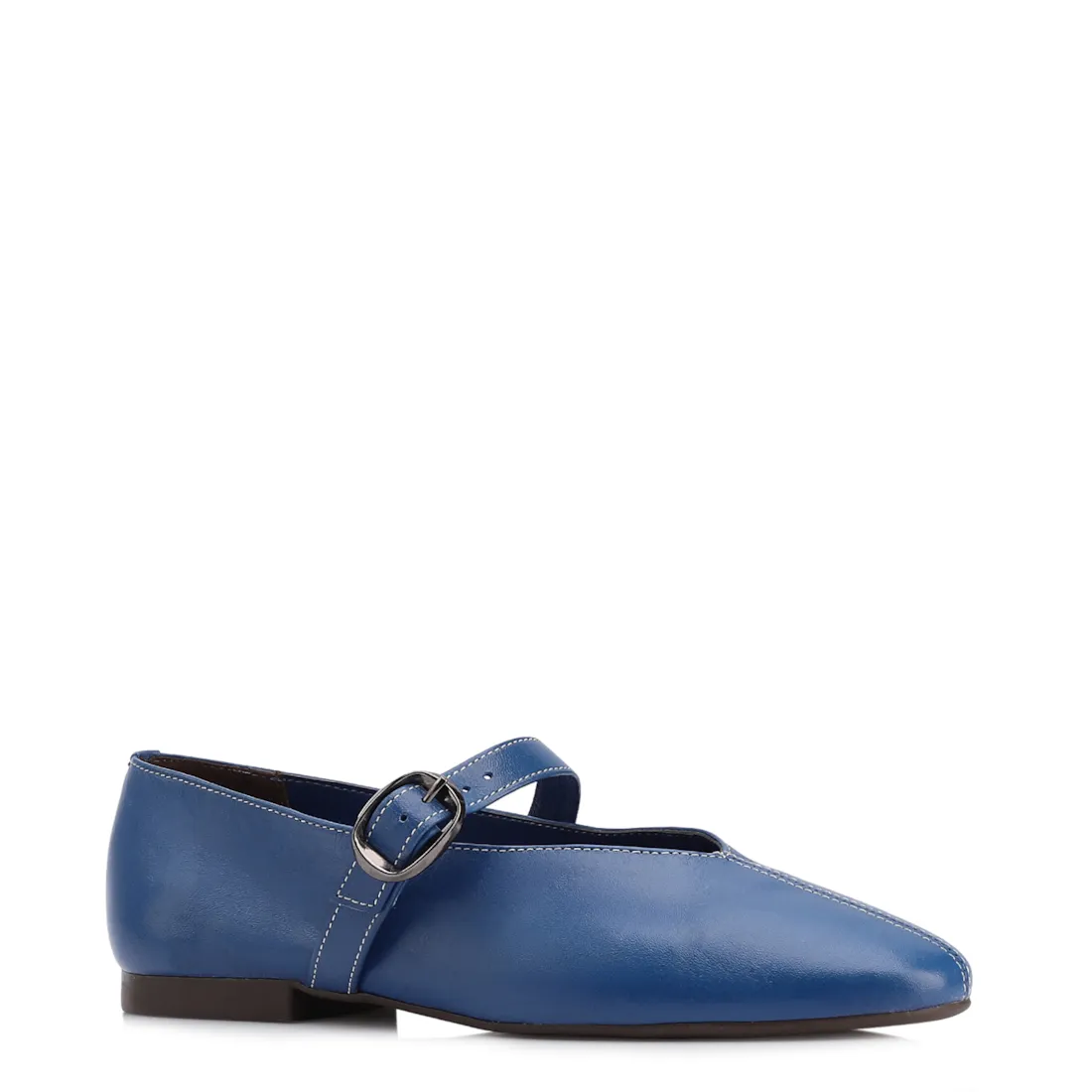 Sapatilha Azul Couro Fivela Dourada