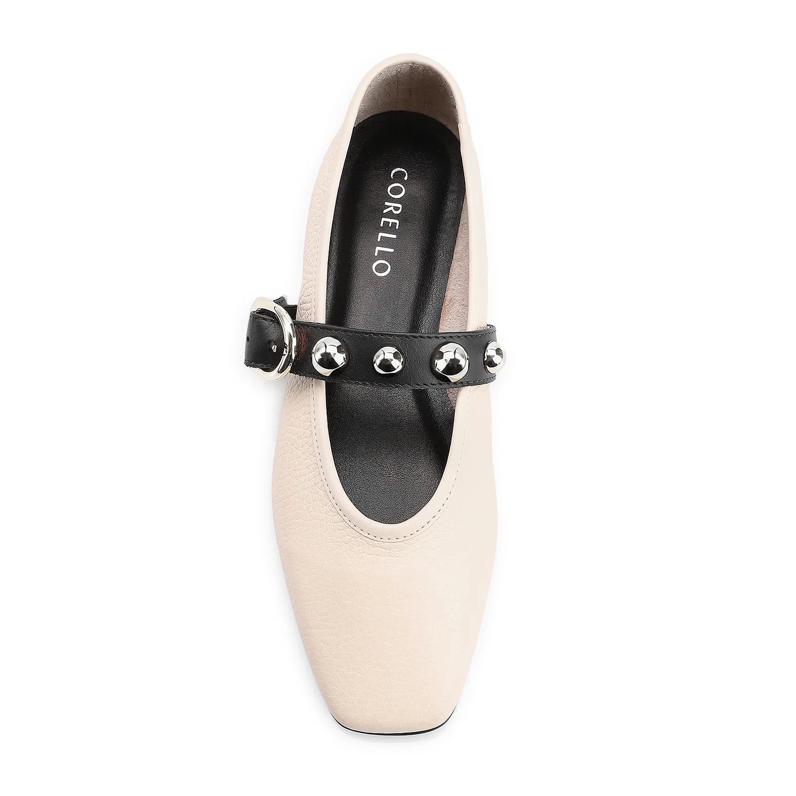 Sapatilha Esferas Couro Off White/Preto Fivela
