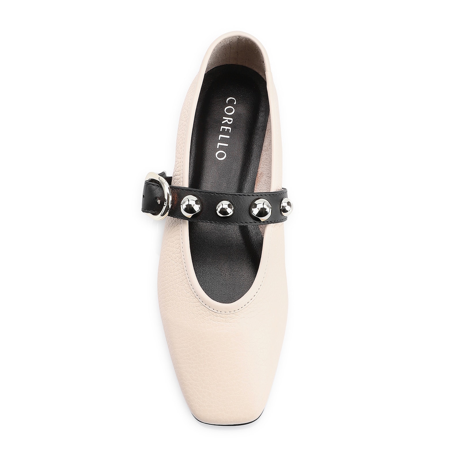 Sapatilha Esferas Couro Off White/Preto Fivela