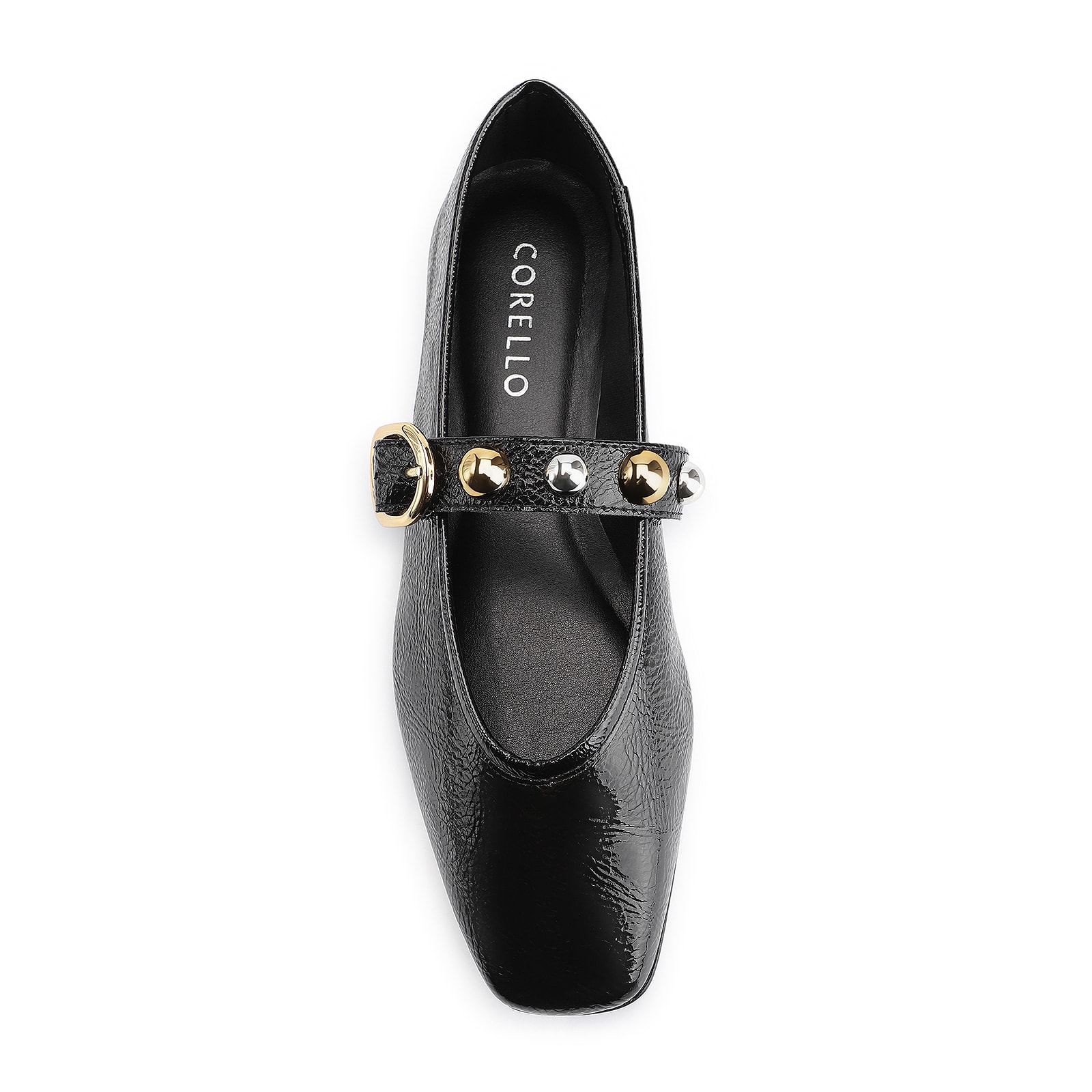 Sapatilha Esferas Verniz Preto Fivela