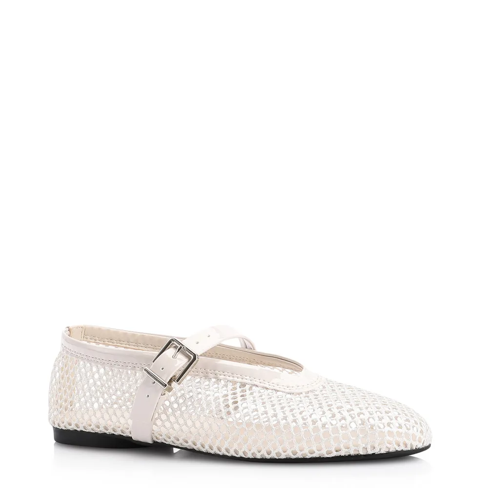 Sapatilha Fivela Tela/Verniz Off White