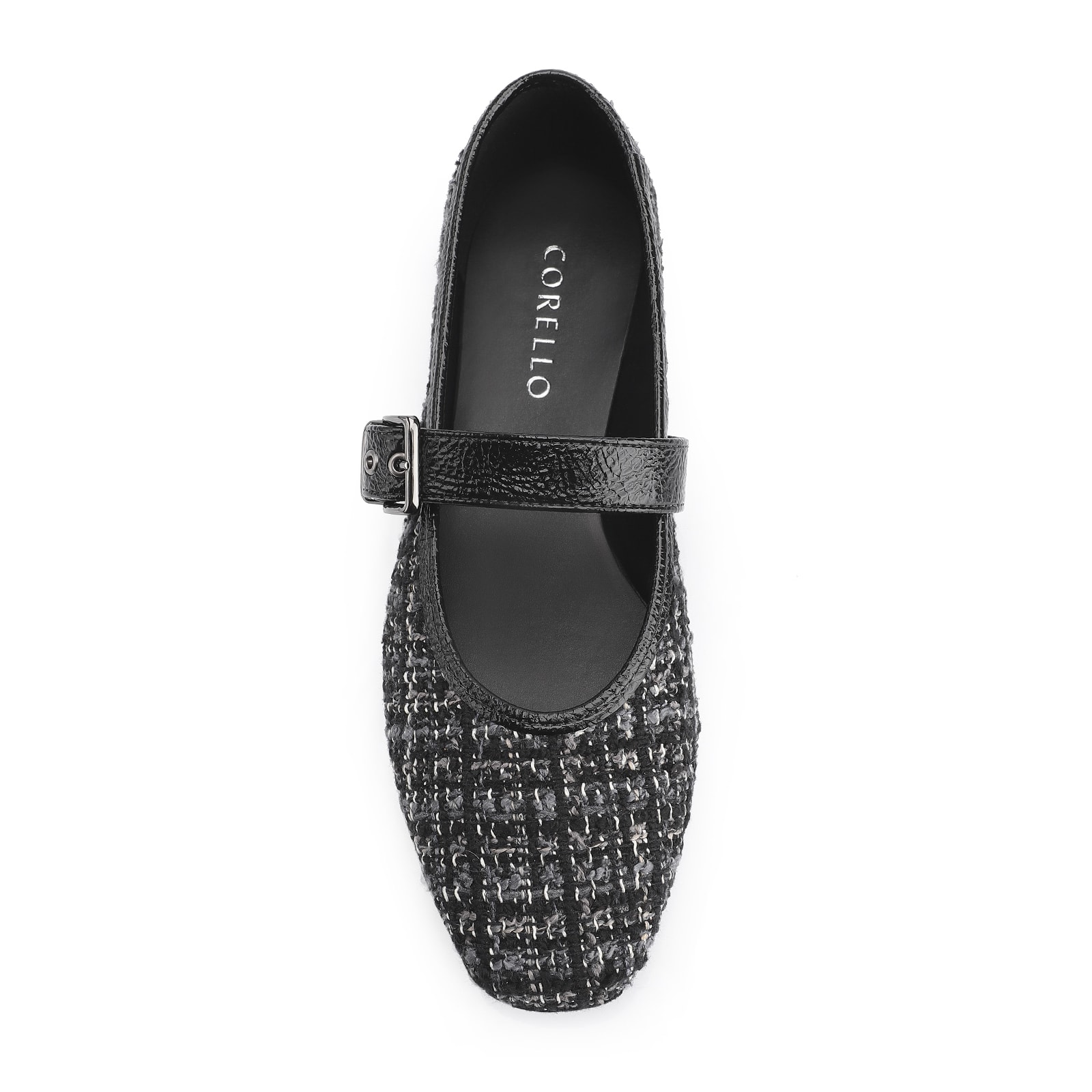 Sapatilha Fivela Tweed Preto/Verniz Preto