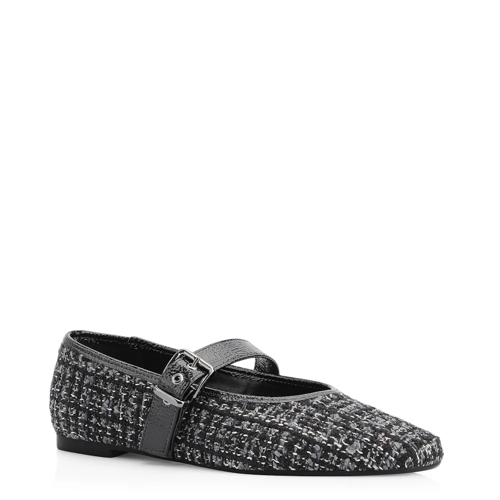 Sapatilha Fivela Tweed Preto/Verniz Preto