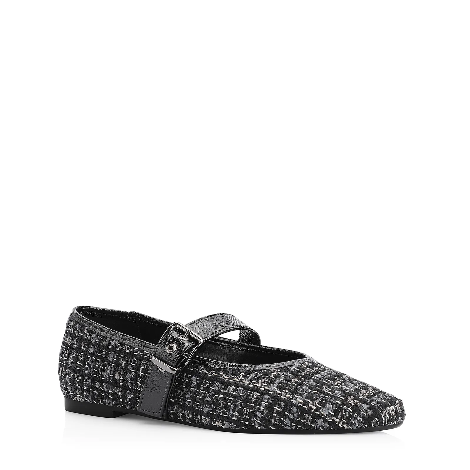 Sapatilha Fivela Tweed Preto/Verniz Preto