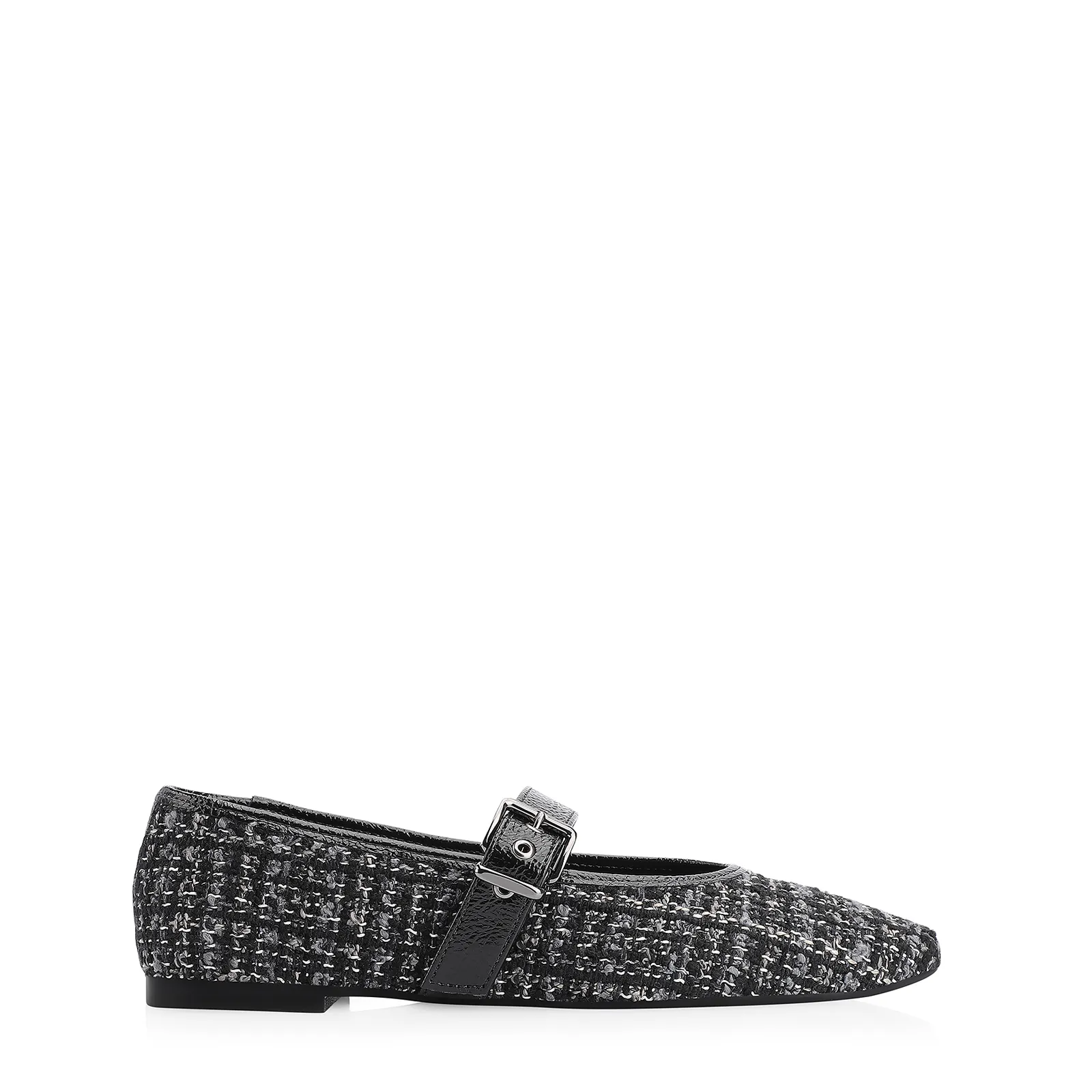 Sapatilha Fivela Tweed Preto/Verniz Preto