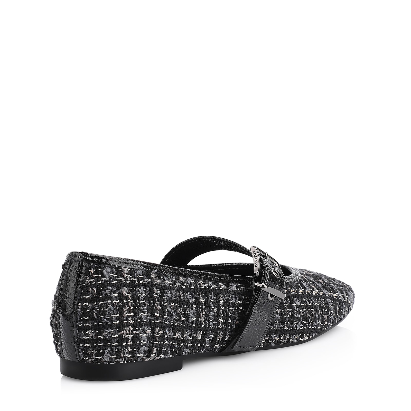 Sapatilha Fivela Tweed Preto/Verniz Preto
