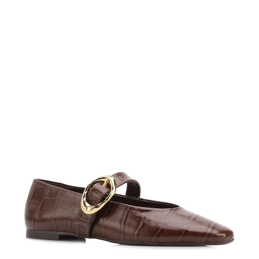 Sapatilha Marrom Couro Croco Fivela Dourada