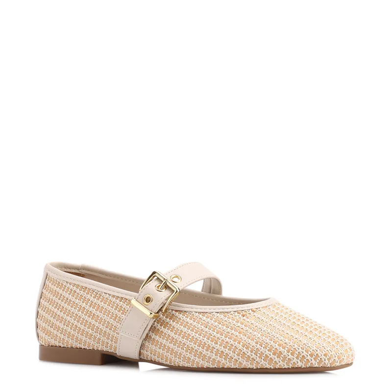 Sapatilha Off White Alt Ráfia Tramada Fivela Dourada