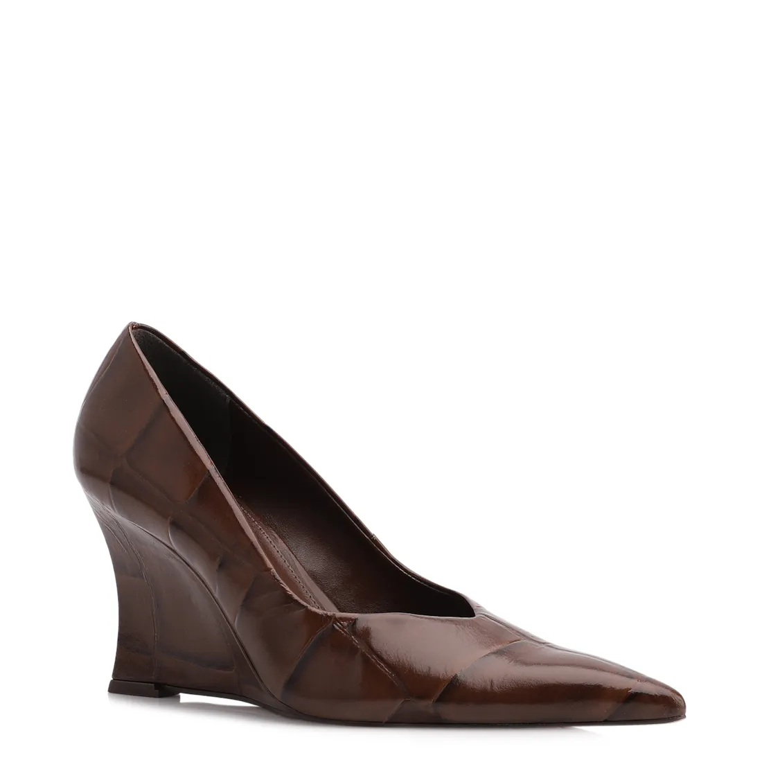  Scarpin Anabela Couro Maxi Croco Marrom