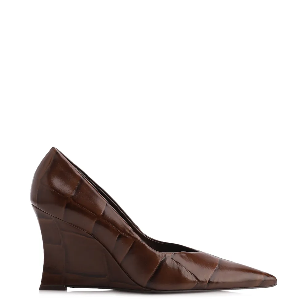  Scarpin Anabela Couro Maxi Croco Marrom - imagem 3