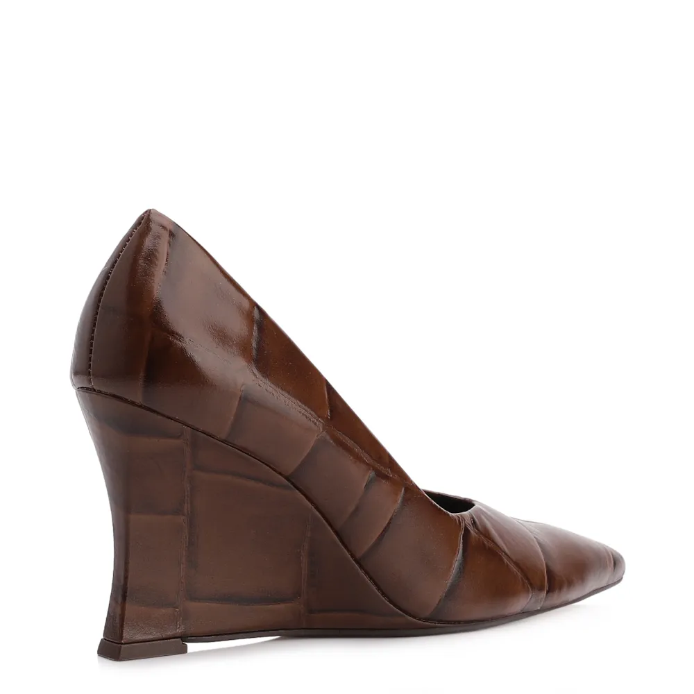 Scarpin Anabela Couro Maxi Croco Marrom - imagem 4