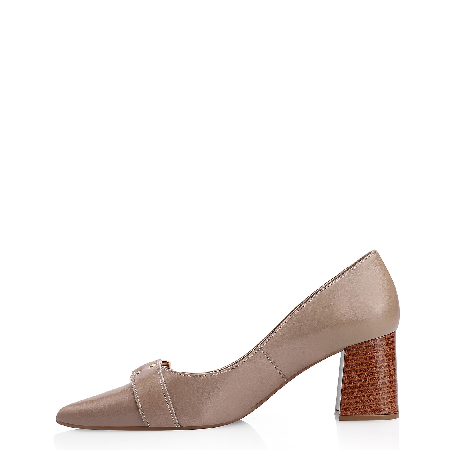 Scarpin Argola Couro Bege Rebites