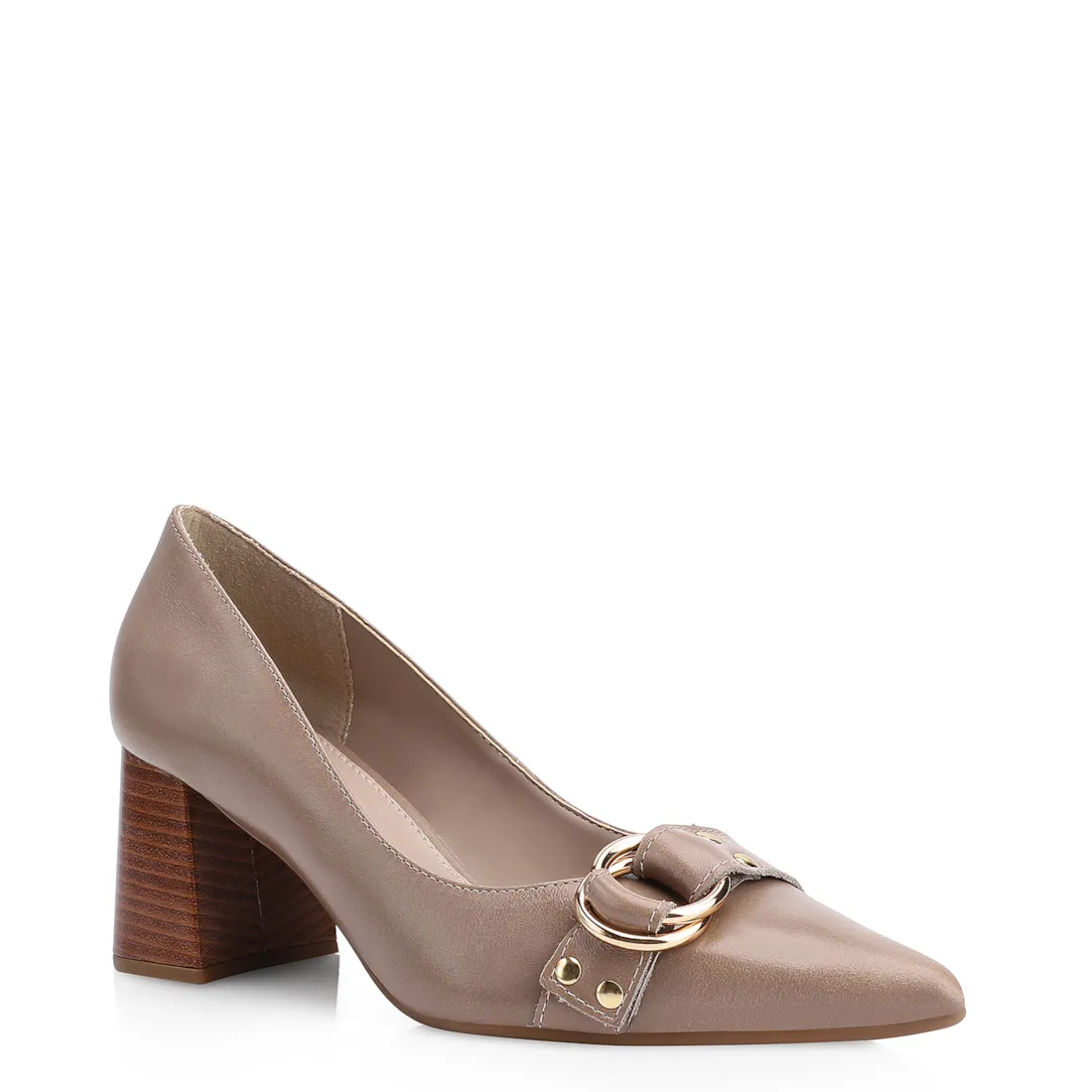 Scarpin Argola Couro Bege Rebites
