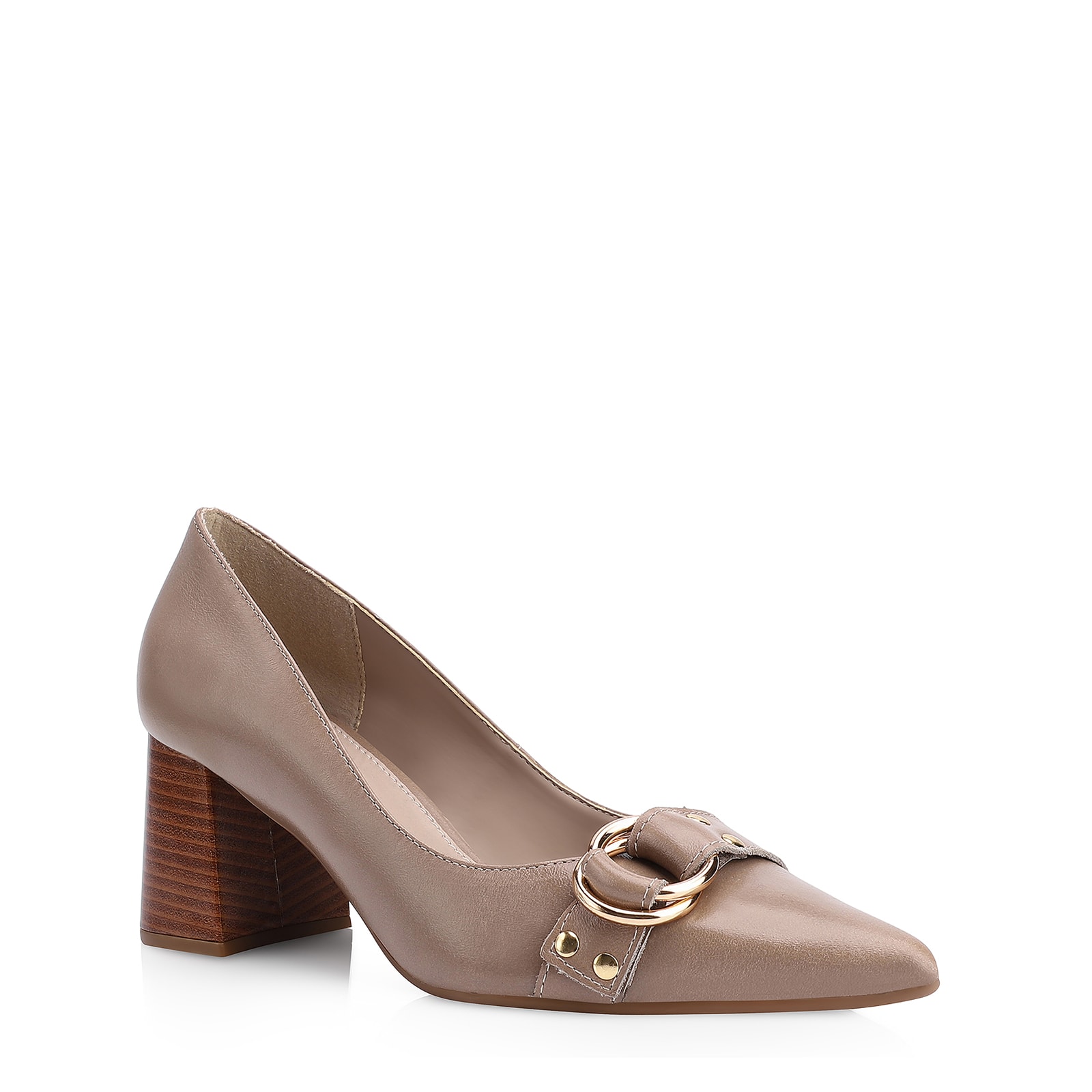 Scarpin Argola Couro Bege Rebites