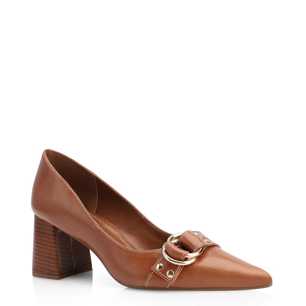 Scarpin Argola Couro Marrom Rebites