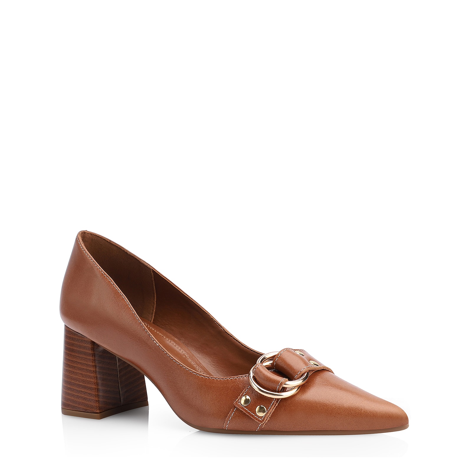 Scarpin Argola Couro Marrom Rebites