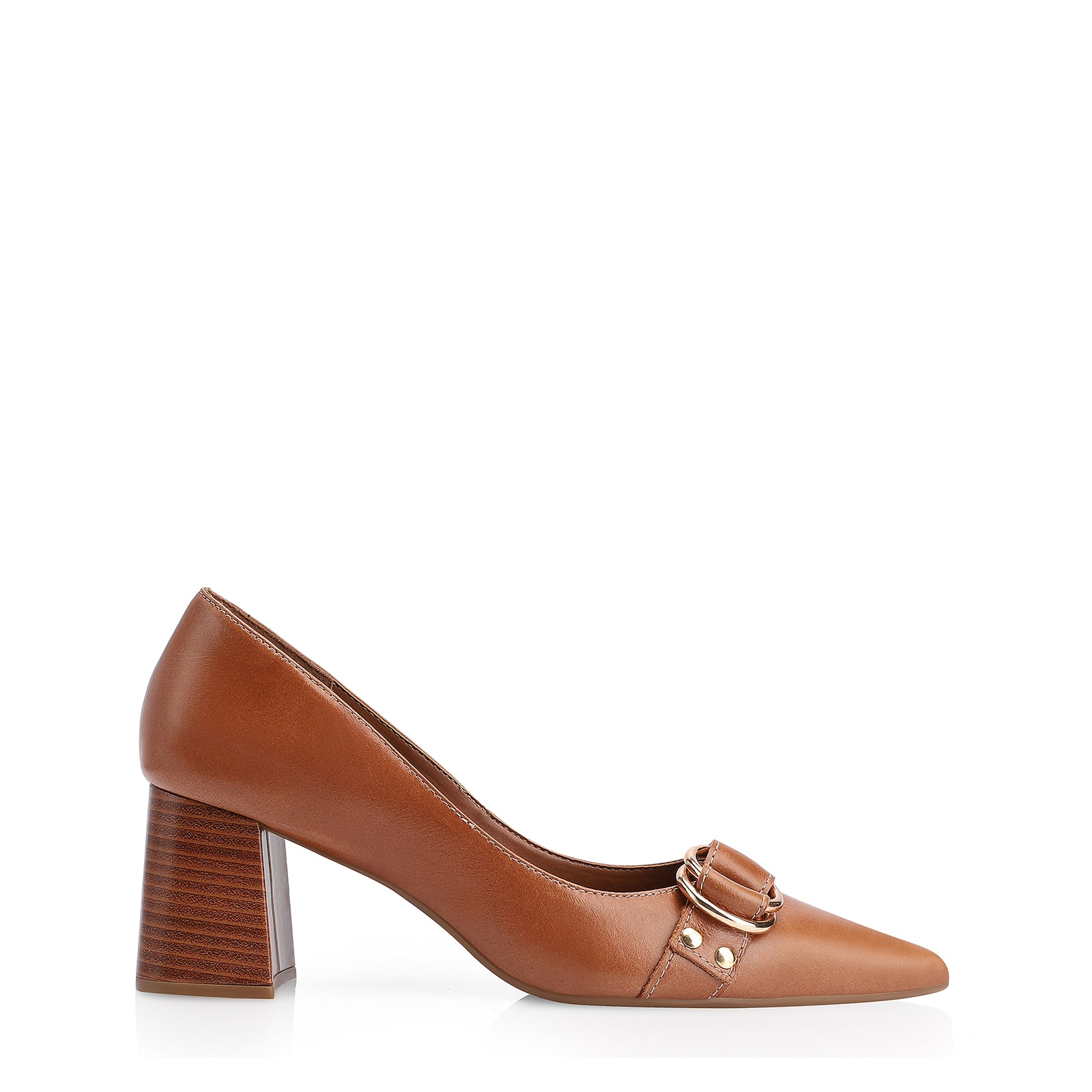 Scarpin Argola Couro Marrom Rebites