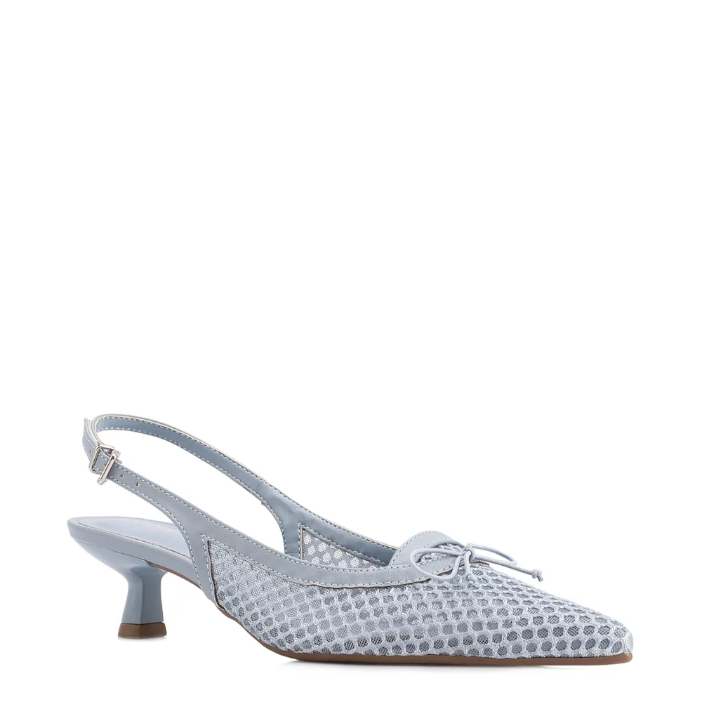 Scarpin Azul Salto Baixo Slingback Tela Alt Laço