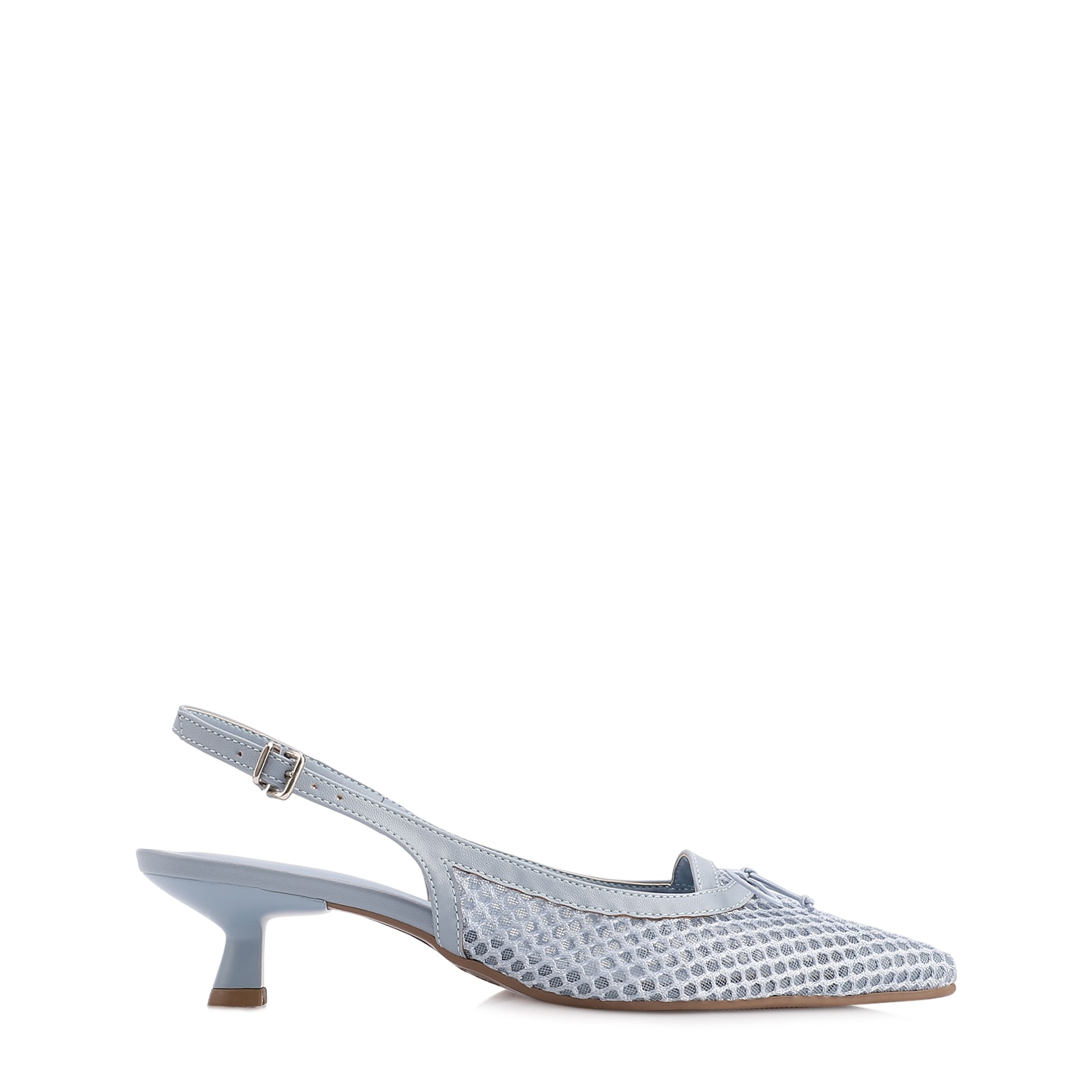 Scarpin Azul Salto Baixo Slingback Tela Alt Laço