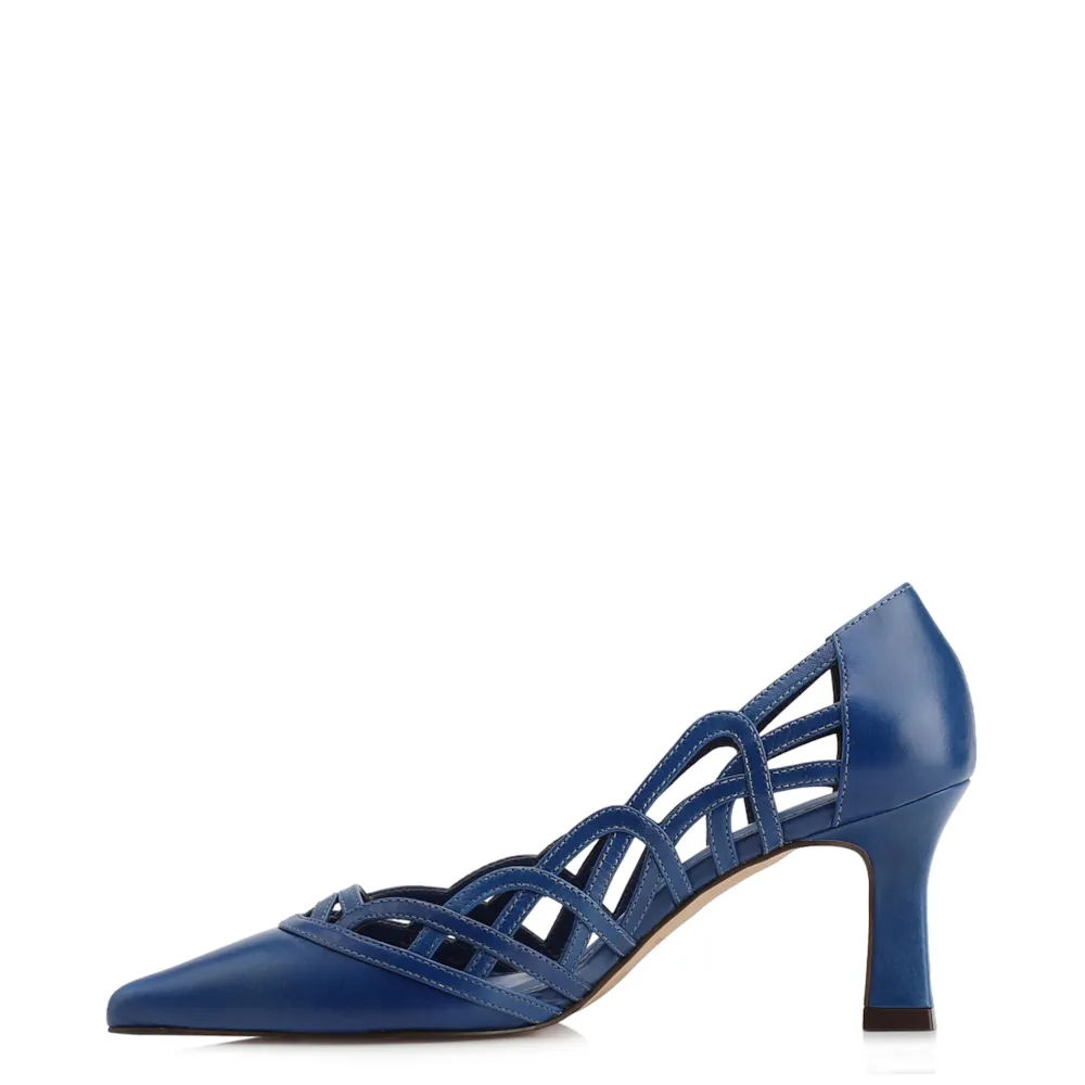 Scarpin Azul Salto Bloco  Médio Couro Bico Fino Recortes - imagem 4