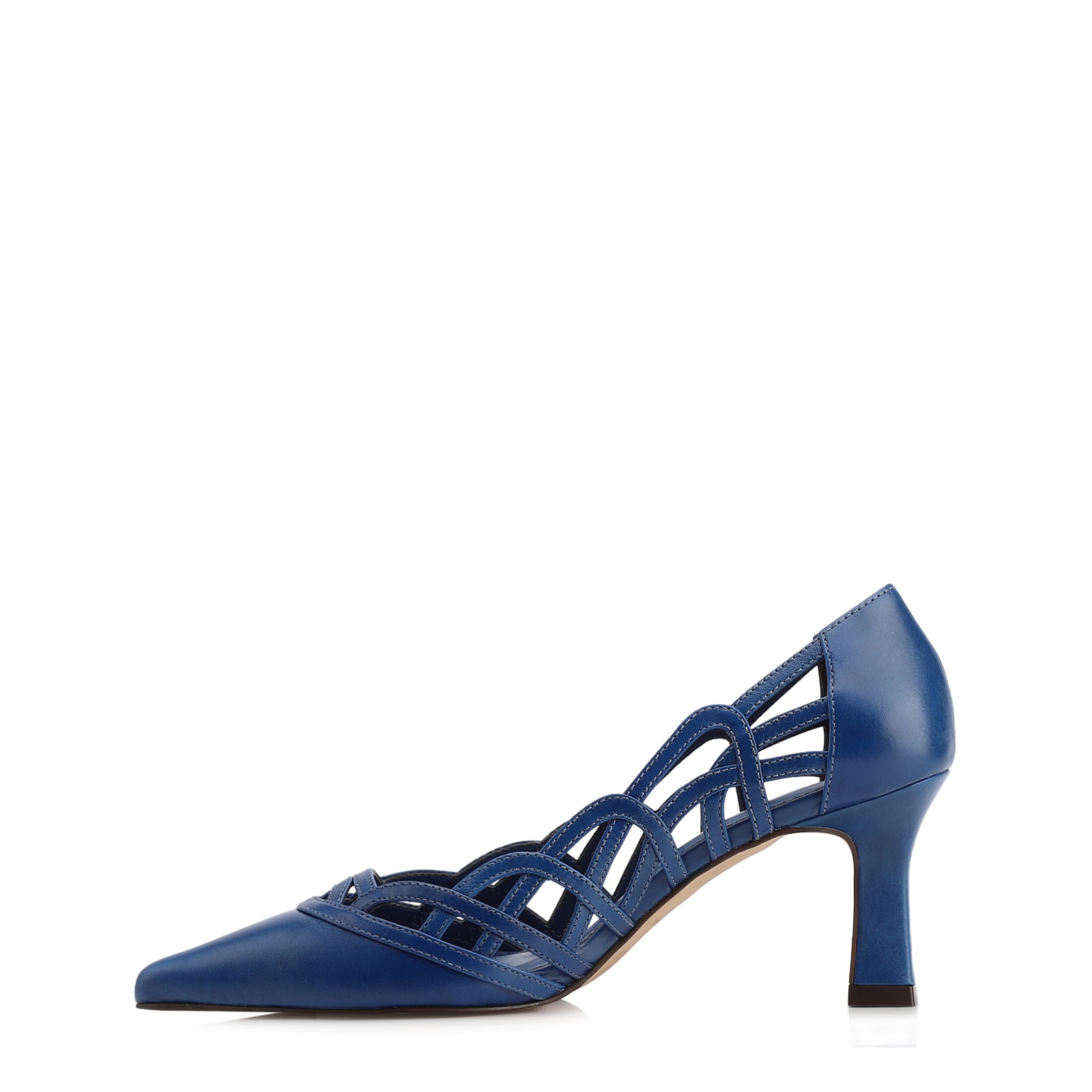 Scarpin Azul Salto Bloco Médio Couro Bico Fino Recortes