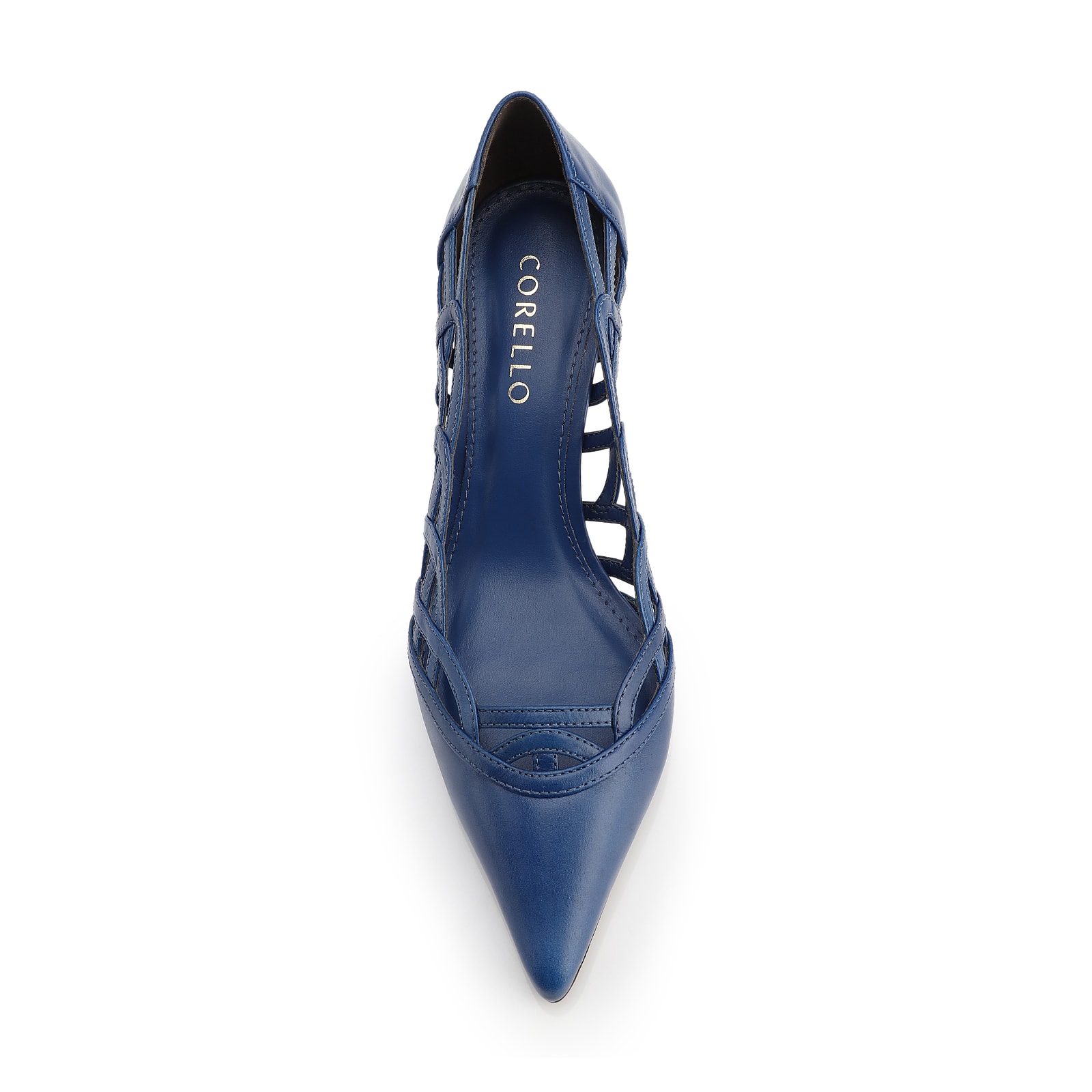 Scarpin Azul Salto Bloco Médio Couro Bico Fino Recortes