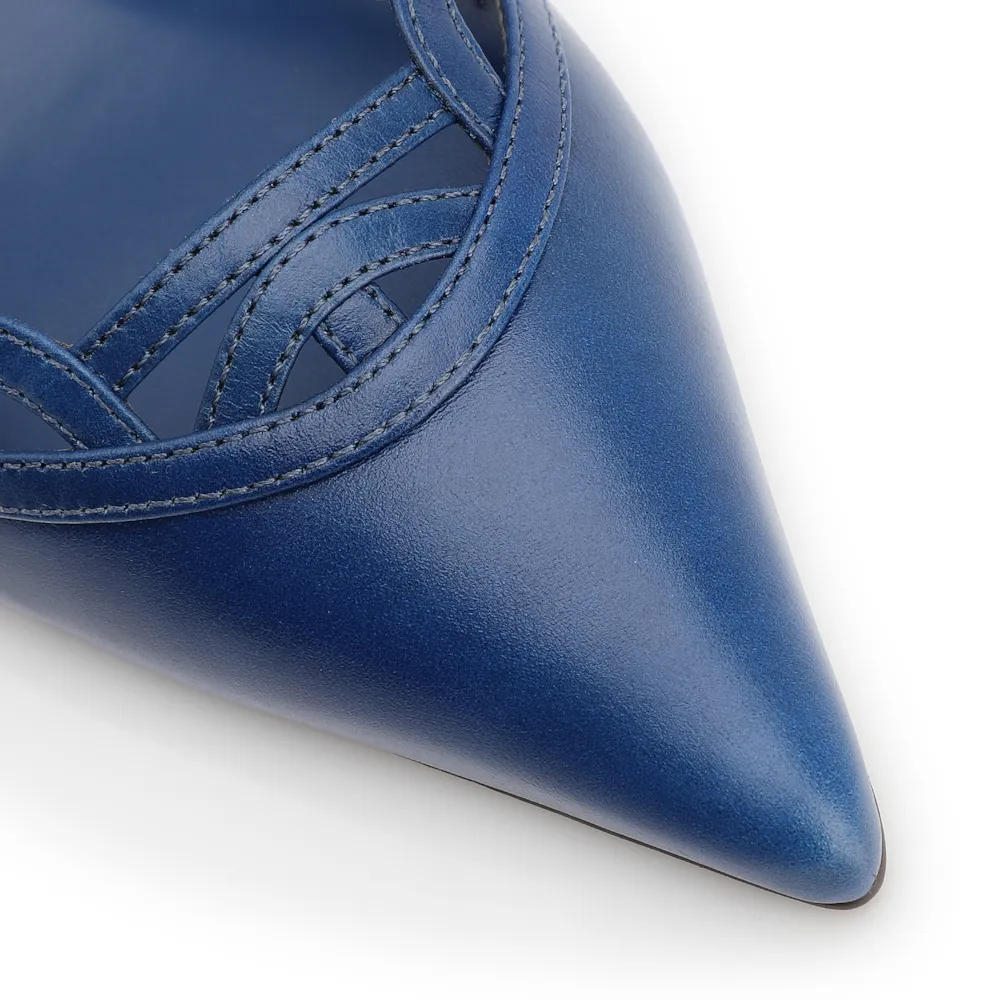 Scarpin Azul Salto Bloco  Médio Couro Bico Fino Recortes - imagem 6