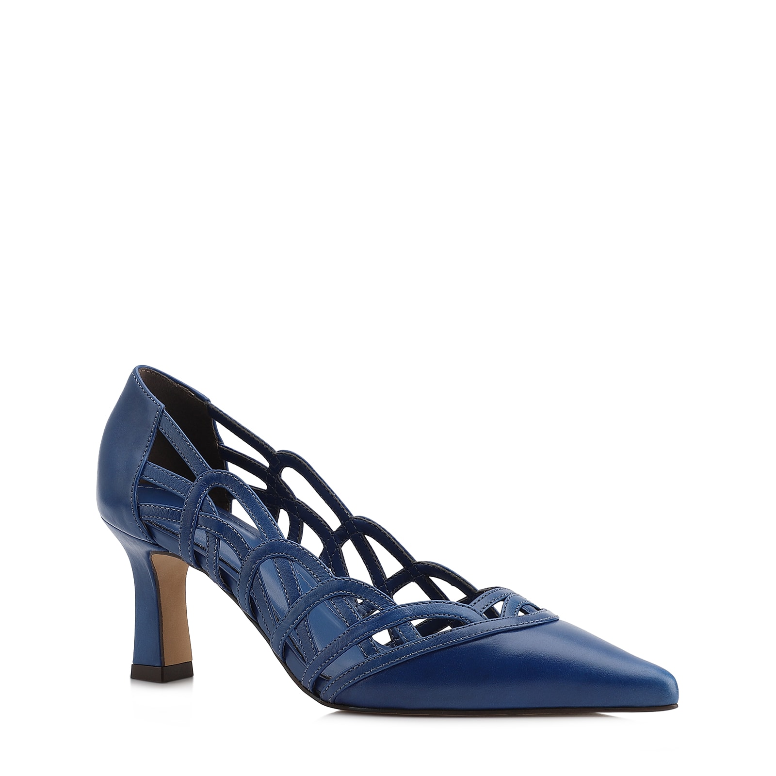 Scarpin Azul Salto Bloco Médio Couro Bico Fino Recortes