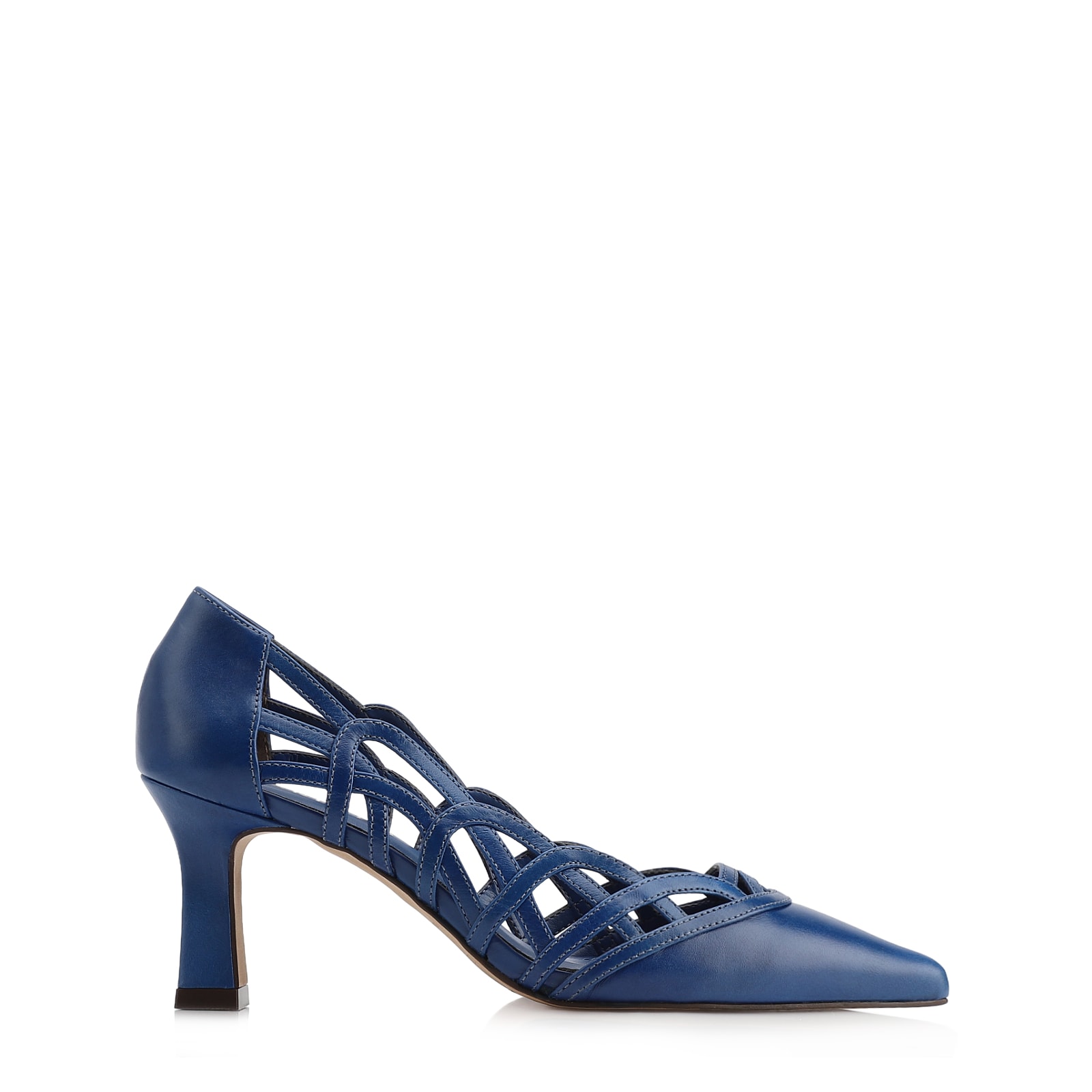 Scarpin Azul Salto Bloco Médio Couro Bico Fino Recortes