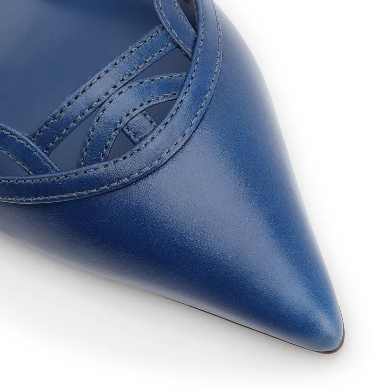Scarpin Azul Salto Bloco Médio Couro Bico Fino Recortes - foto 6