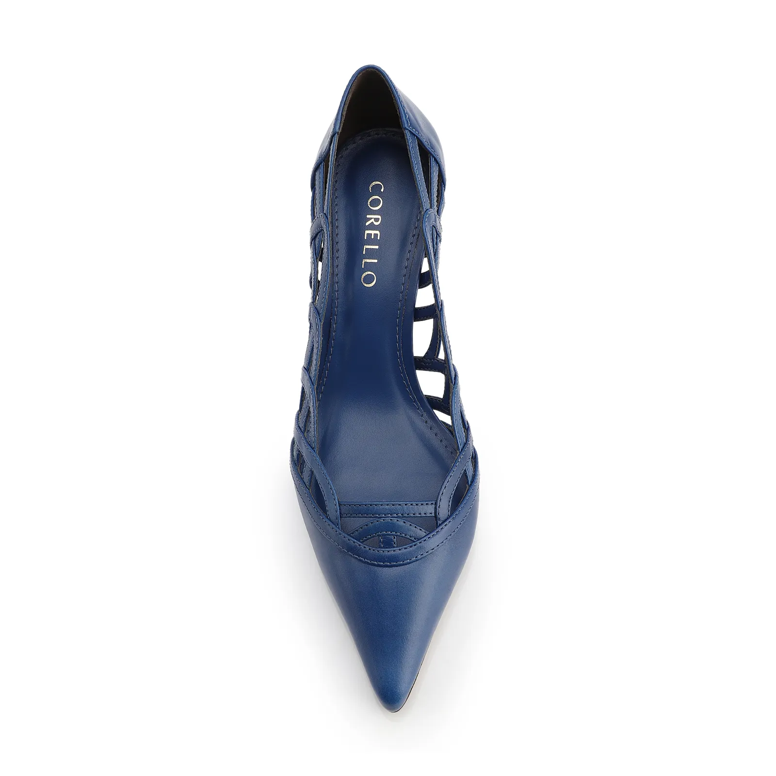 Scarpin Azul Salto Bloco  Médio Couro Bico Fino Recortes