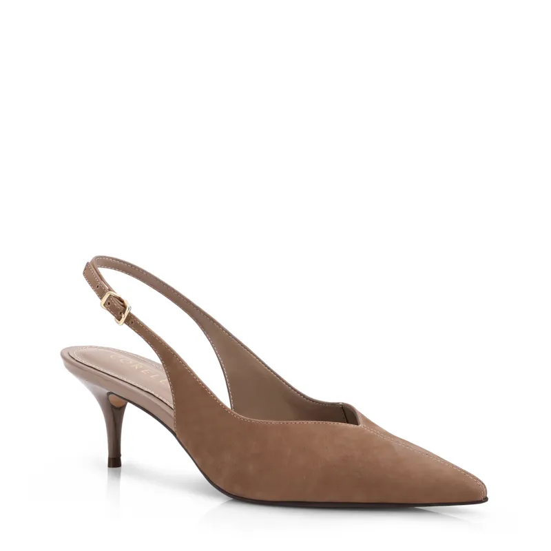 Scarpin Bege Salto Baixo Fino Couro Nobuck Slingback