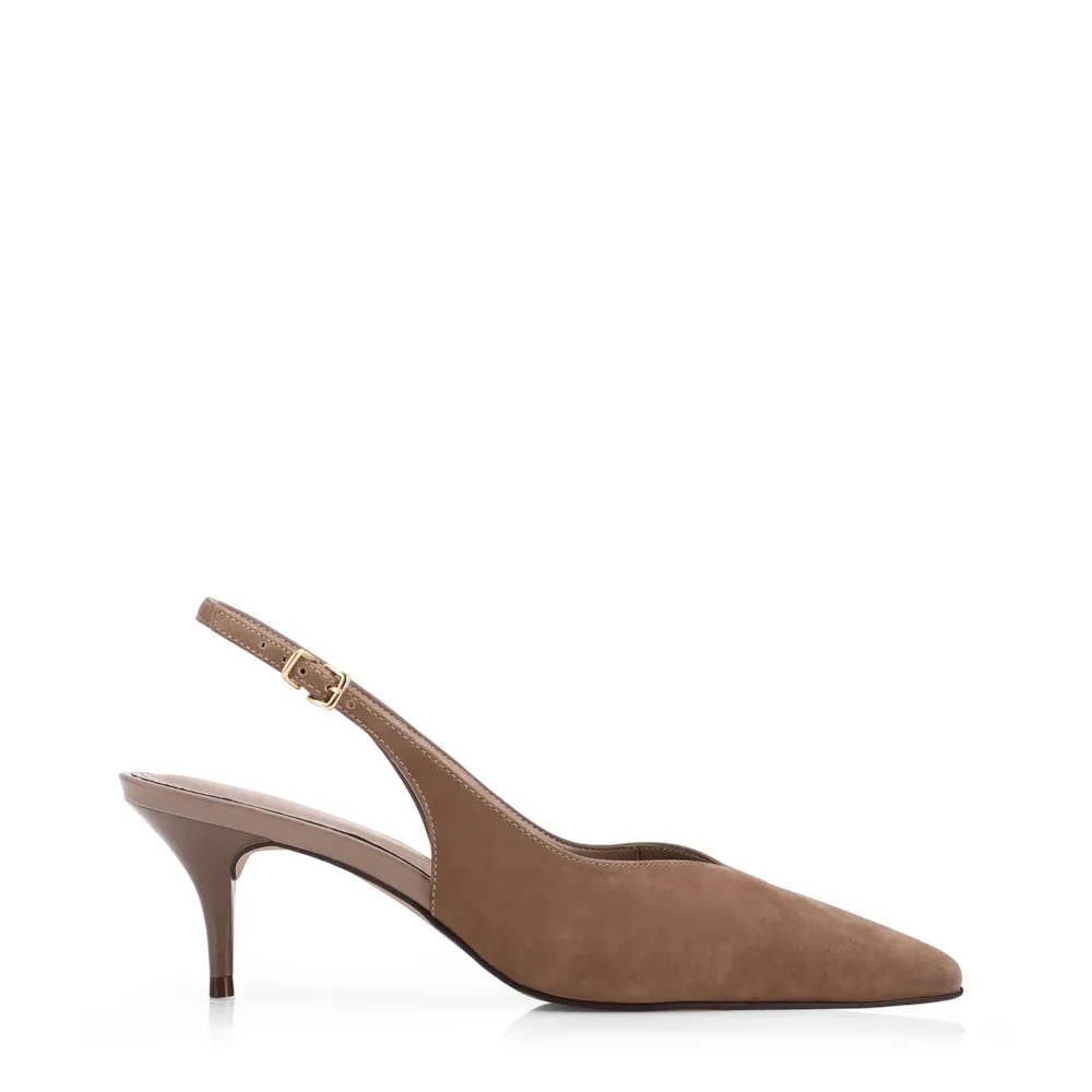 Scarpin Bege Salto Baixo Fino Couro Nobuck Slingback - imagem 2