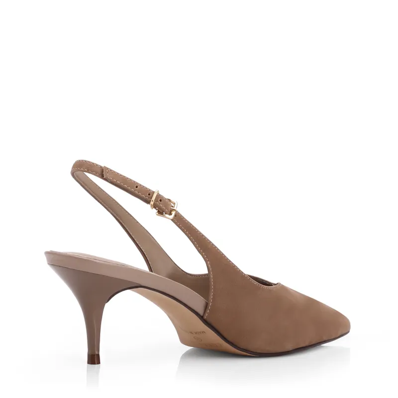 Scarpin Bege Salto Baixo Fino Couro Nobuck Slingback - foto 3