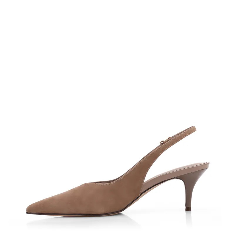 Scarpin Bege Salto Baixo Fino Couro Nobuck Slingback - foto 4