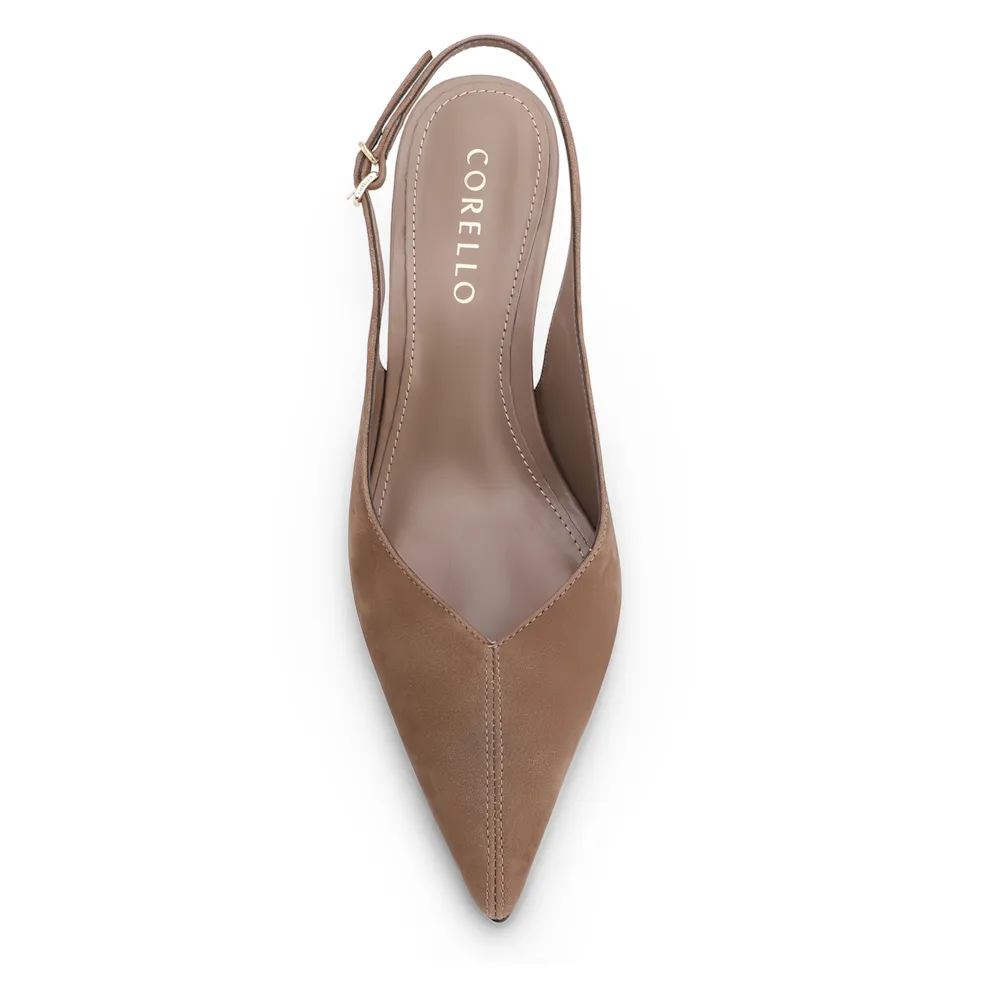 Scarpin Bege Salto Baixo Fino Couro Nobuck Slingback - imagem 5