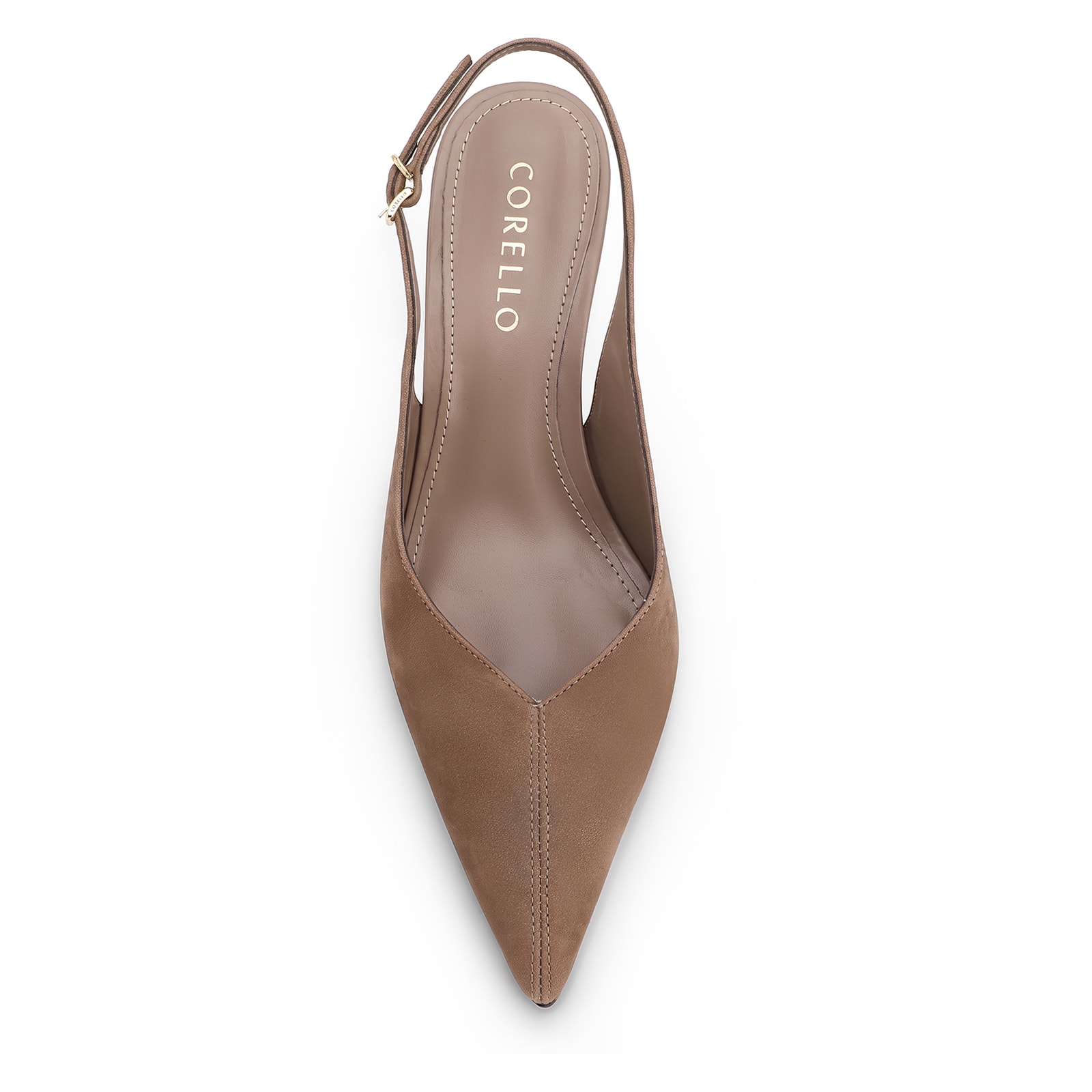 Scarpin Bege Salto Baixo Fino Couro Nobuck Slingback