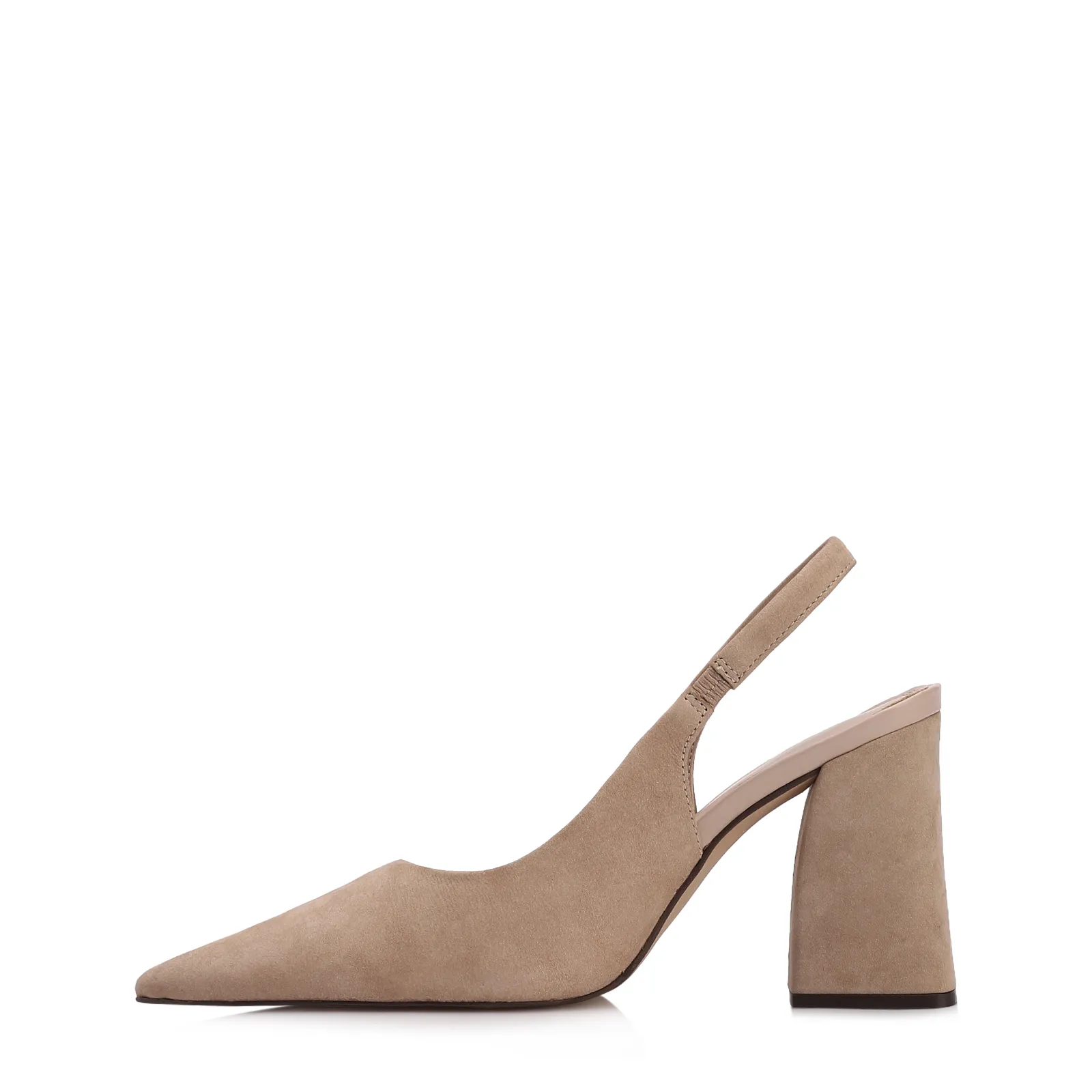 Scarpin Bege Salto Bloco Alto Couro Nobuck Slingback