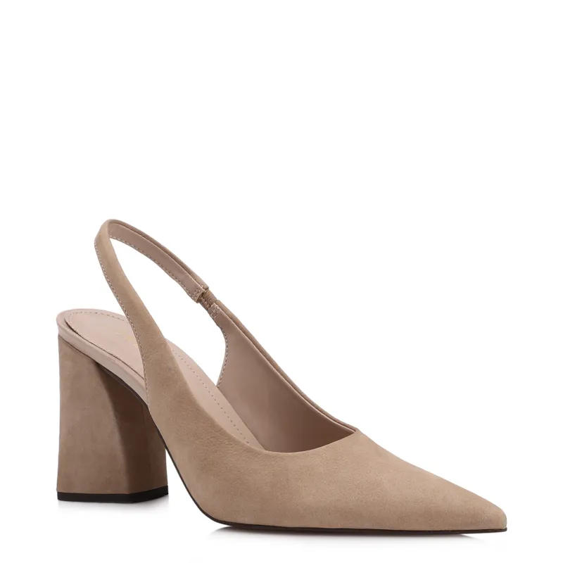 Scarpin Bege Salto Bloco Alto Couro Nobuck Slingback