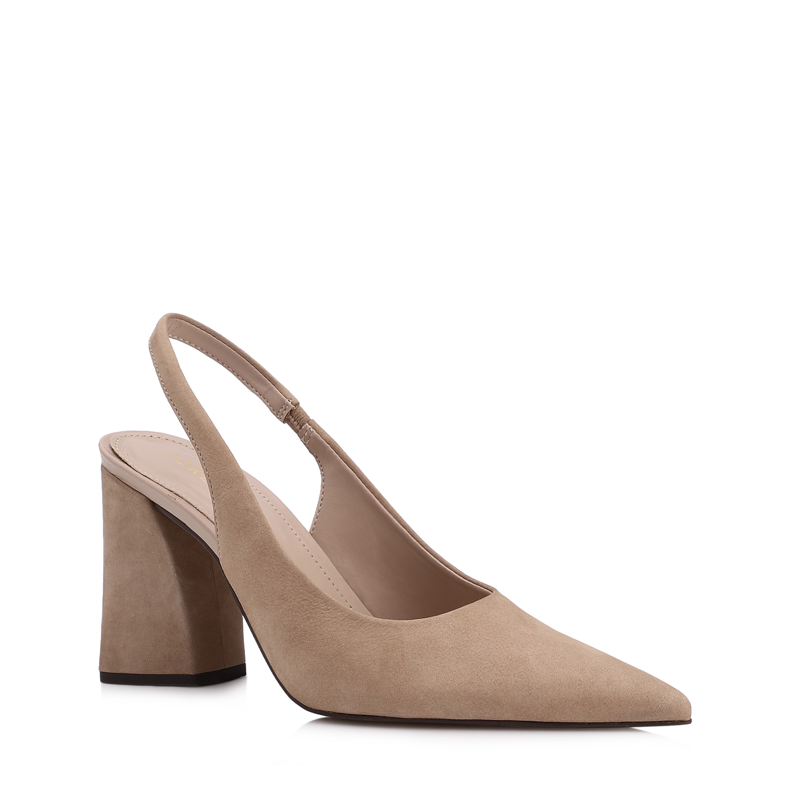 Scarpin Bege Salto Bloco Alto Couro Nobuck Slingback