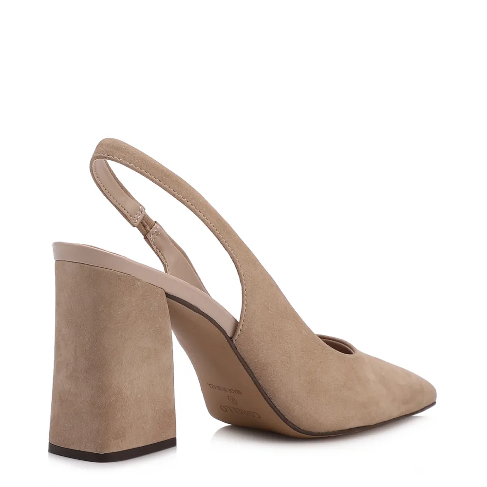 Scarpin Bege Salto Bloco Alto Couro Nobuck Slingback - imagem 3