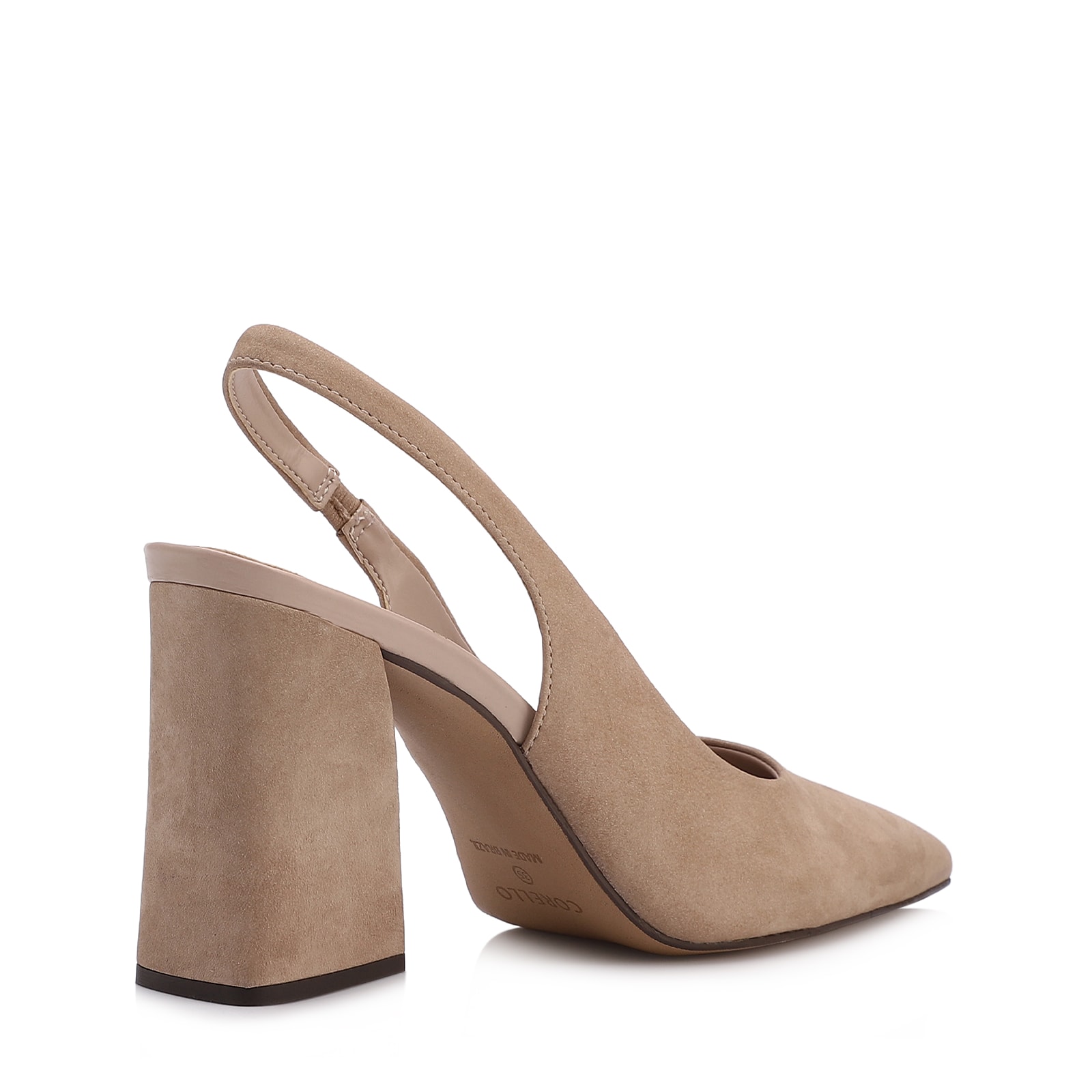 Scarpin Bege Salto Bloco Alto Couro Nobuck Slingback