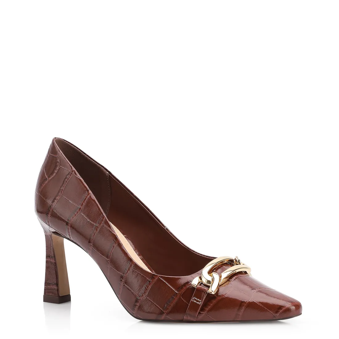 Scarpin Bridão Couro Croco Marrom