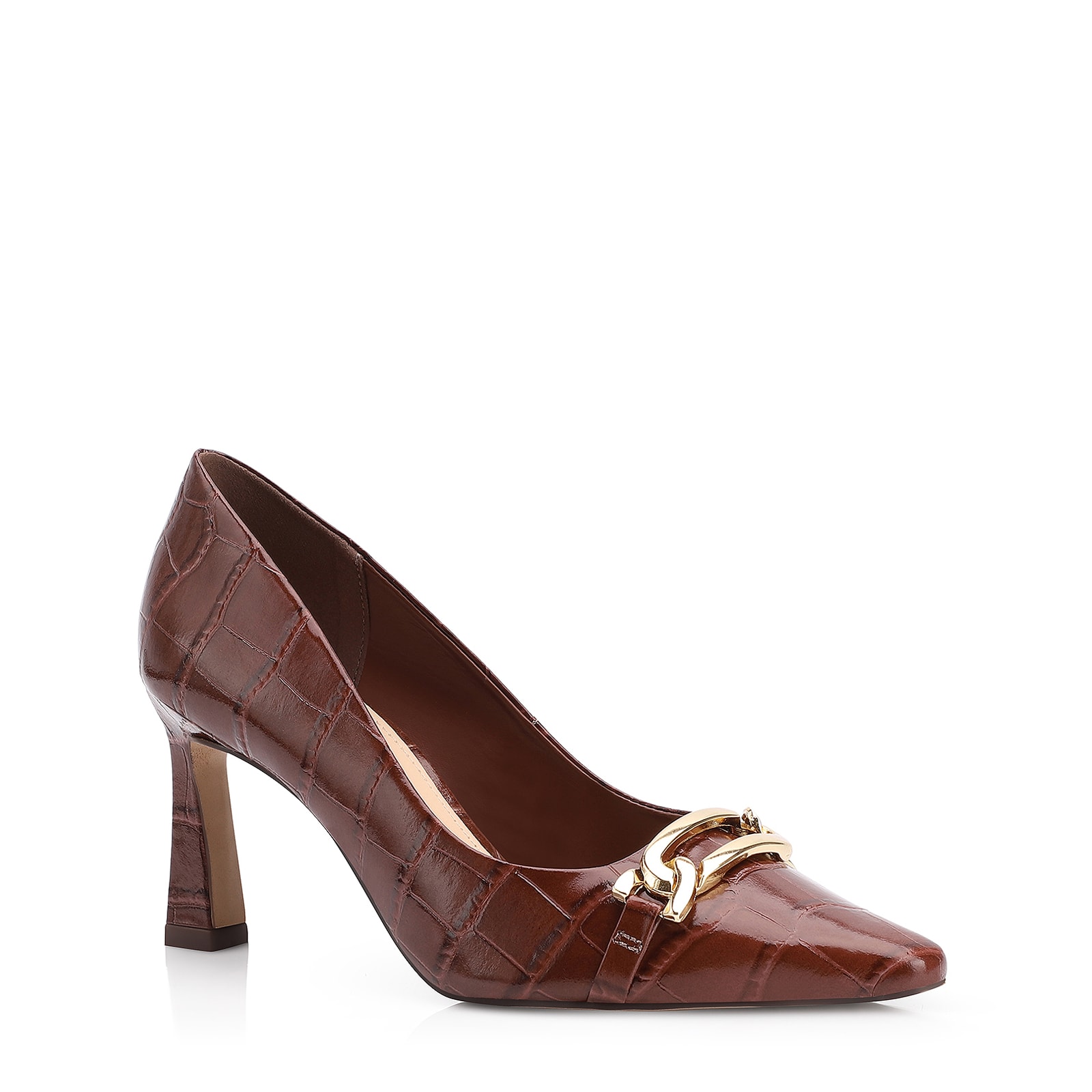 Scarpin Bridão Couro Croco Marrom