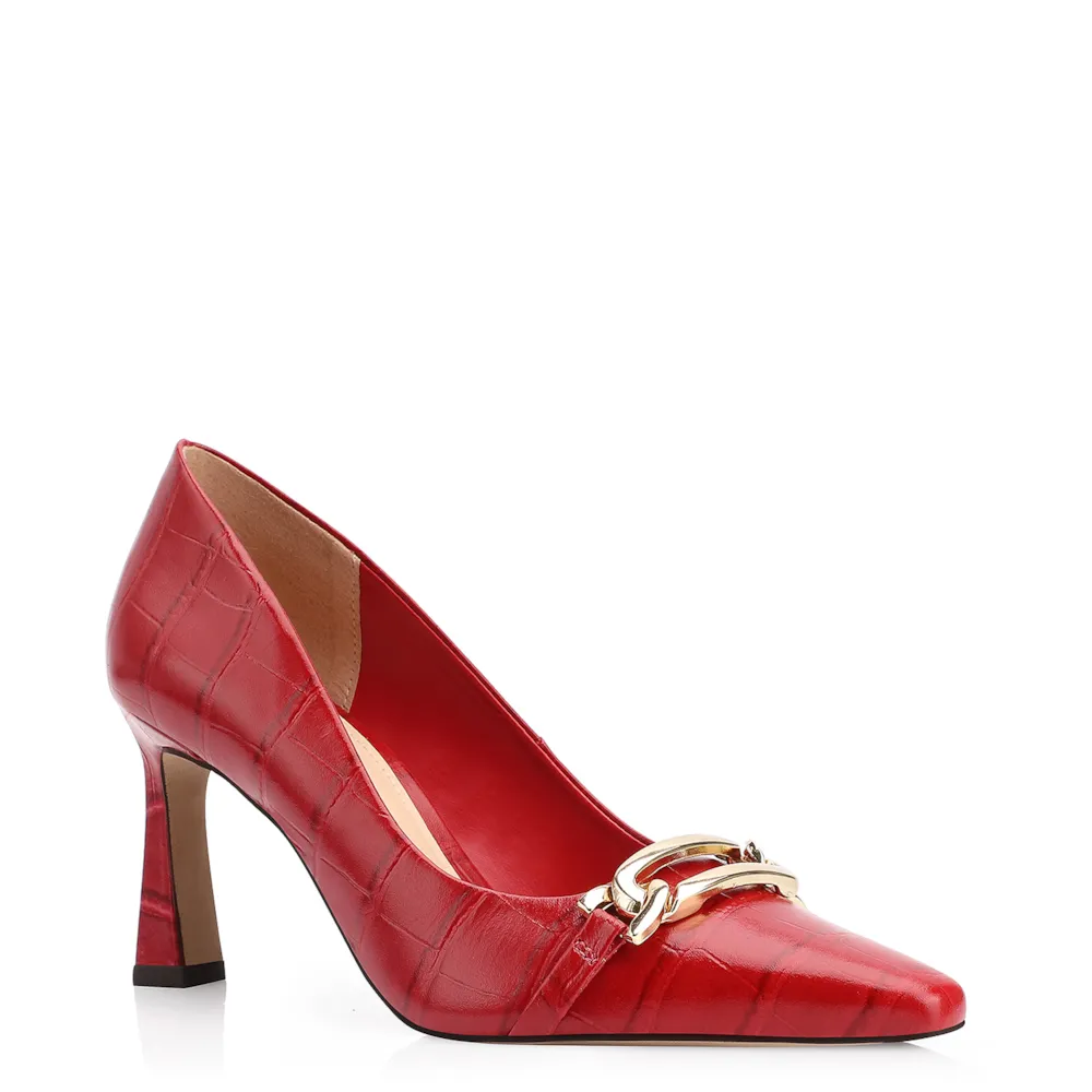 Scarpin Bridão Couro Croco Vermelho