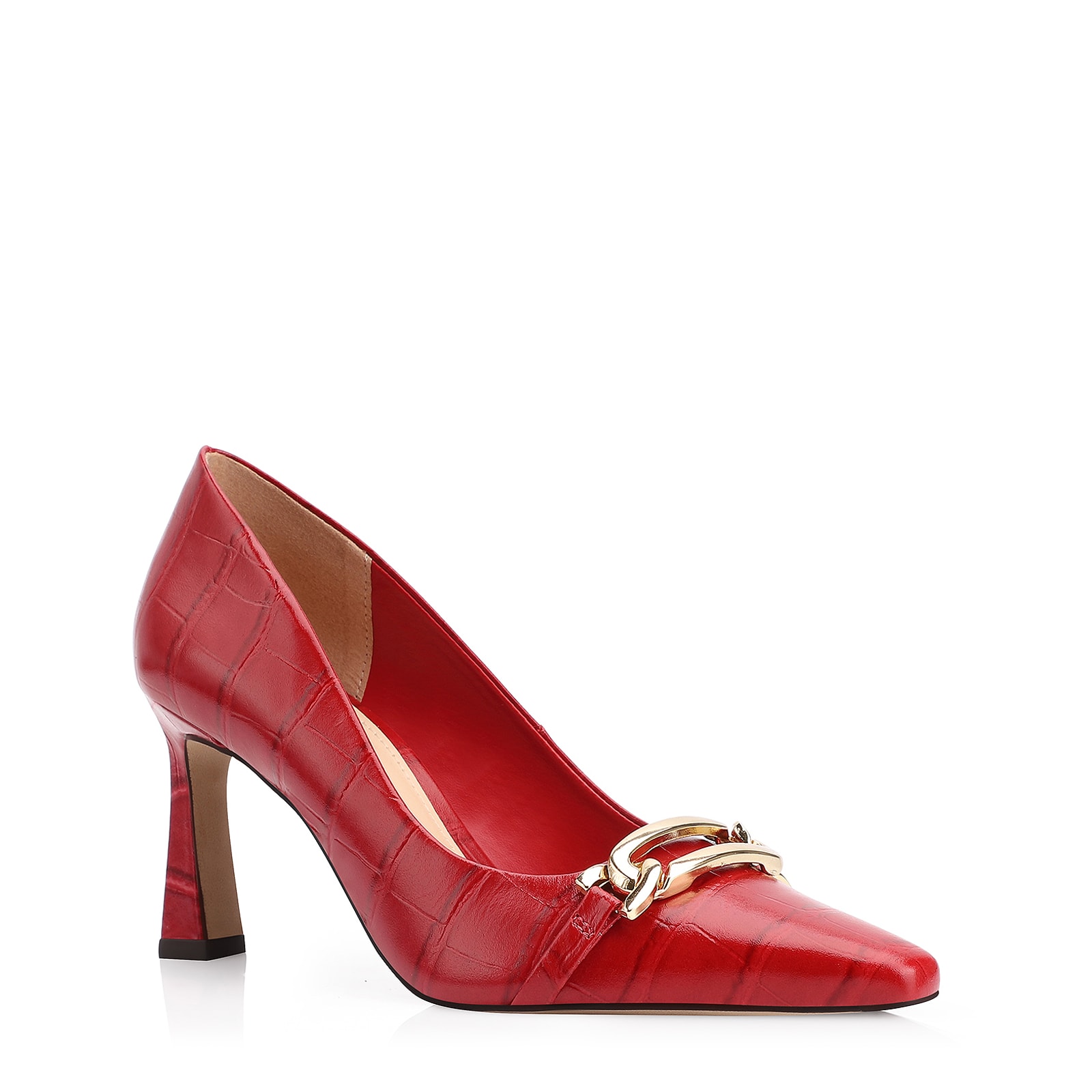 Scarpin Bridão Couro Croco Vermelho