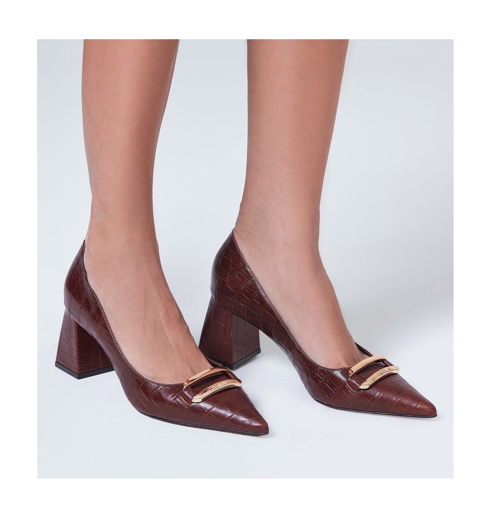 Scarpin Couro Croco Marrom